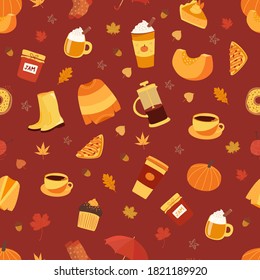 Seamless vector pattern with cute autumn elements like leaves, pumpkin pie, sweets, sweater, umbrella, coffee drink in cartoon style. Design for wrapping paper, Wallpaper, flyers, etc.