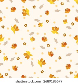 A seamless vector pattern with cute autumn leaves, a colorful nature design illustration for wallpaper, texture, and decoration backgrounds