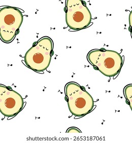 Seamless vector pattern. Cute avocado doing yoga and meditating to music with headphones