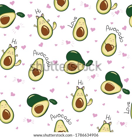 seamless vector pattern with cute avocado, avocado-kitty, with a heart-shaped bone, on a white background, with hearts, with the words love, avocado, Hello