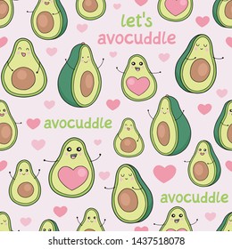 Seamless vector pattern with cute avocados. Let's Avocuddle lettering. 