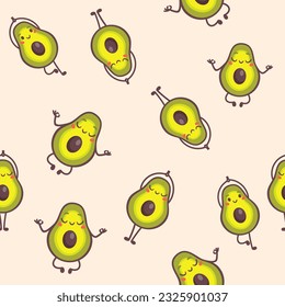 Seamless vector pattern. Cute avocados doing yoga. Avocados with faces and hands on a beige background. 