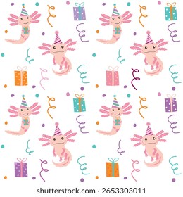 Padrão de vetor sem costura com bonitos axolotls em chapéus de aniversário segurando presentes, confetes festivos, presentes coloridos e fitas de festa em fundo branco, tema de celebração alegre