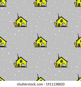 Seamless vector pattern of a cute baby house with stars on a gray background. Template for cover, textile, fabric, wrapping paper, wallpaper. Print for home clothes, pajamas, a nightdress. 