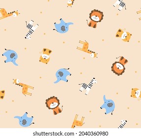 seamless vector pattern cute baby animals, elephant, lion, giraffe, zebra