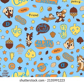 seamless vector pattern cute baby animals, squirrel, nut, tree, background