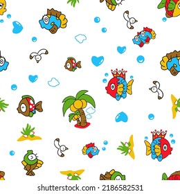 Seamless Vector Pattern Cute Baby Fish , Sea Time, Bird, Coconut Tree And More