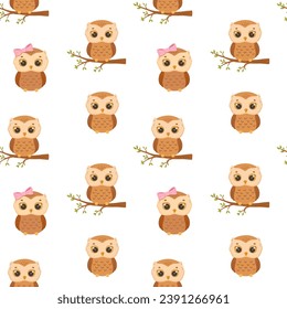 Seamless vector pattern with cute baby owl on tree. Hand drawn character forest bird isolated on white background. Woodland pattern for children and newborn fabric.