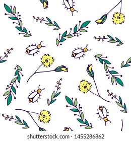 Seamless vector pattern. Cute background. Consists of green branches, dandelions and bees