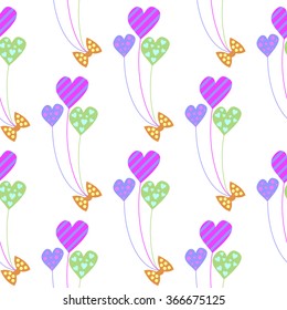 Seamless vector pattern. Cute background with colorful balloons in the shape of hearts on the white backdrop