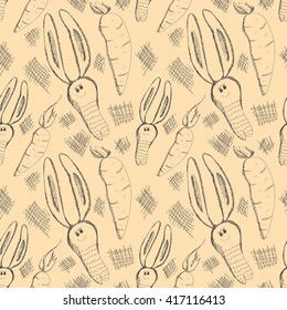 Seamless vector pattern. Cute background with hand drawn rabbits and carrot. Series of Cartoon, Doodle, Sketch and Scribble Seamless Vector Patterns.