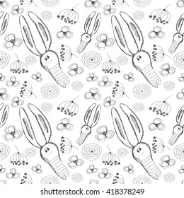 Seamless vector pattern. Cute background with hand drawn rabbits and flowers. Series of Cartoon, Doodle, Sketch and Scribble Seamless Vector Patterns.