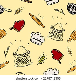 Seamless vector pattern with cute baking theme doodle elements. Bakery Simple Thin Line Collection.