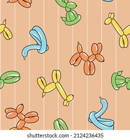 Seamless vector pattern of cute balloon animals on orange, striped background - fun design, colorful elements, birthday party, kids design, childrens room wallpaper design