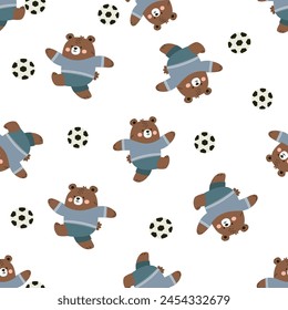 Seamless vector pattern. Cute bear cub in uniform playing soccer. Flat vector illustration in children's style on white background 