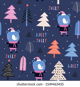 Seamless vector pattern with cute bears. Can be used for wallpaper, pattern fills, web page background, surface textures, gifts. Creative Hand Drawn textures for winter holidays in orange and blue.