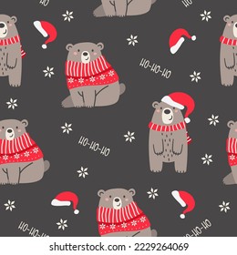 Seamless vector pattern. Cute bears in a sweater, scarf and Santa Claus hat. Ho-ho-ho inscriptions. New Year and Christmas pattern 