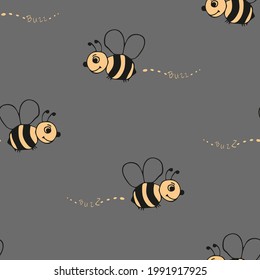 Seamless vector pattern with cute bees on grey background. Simple bumblebee wallpaper design for children. Decorative summer bug fashion textile.