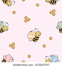 Seamless vector pattern with cute bees in a cartoon style on a pink background.