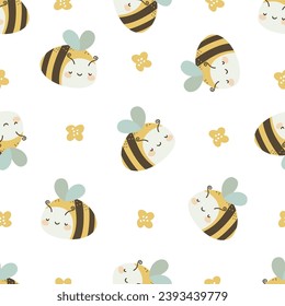 Seamless vector pattern. Cute bees and daisies. Pattern on white background for children's products 