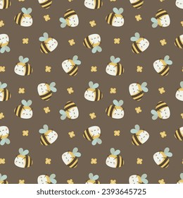 Seamless vector pattern. Cute bees and daisies. Pattern on brown background for children's products 