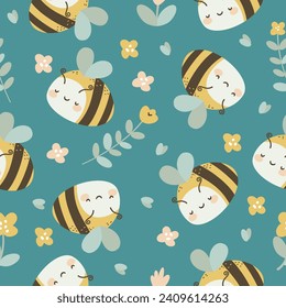 Seamless vector pattern. Cute bees and daisies. Pattern on blue background for children's products 
