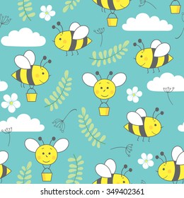 seamless vector pattern with cute bees, clouds, flowers