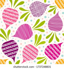 Seamless vector pattern with cute beetroots and dots.