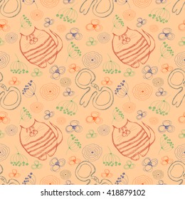 Seamless vector pattern. Cute beige background with colorful hand drawn cats, mouses and flowers. Series of Cartoon, Doodle, Sketch and Scribble Seamless Vector Patterns.