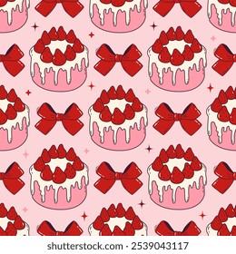 Patrón de Vector sin costuras con pastel de fresa bento lindo y lazos rojos. Postre femenino sobre fondo rosa. Textura dibujada a mano de la masa del doodle para el Fondo de pantalla, papel de embalaje, diseño textil