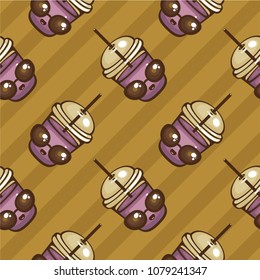 Seamless vector pattern with Cute berry smoothies in sunglasses. Fresh summer drink. Comic cartoon character. Template for fabric and wrapping.
