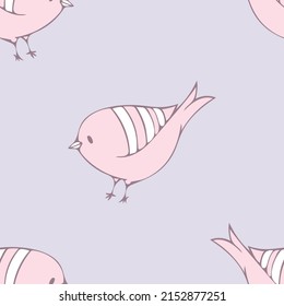 Seamless vector pattern with cute bird on soft purple background. Simple hand drawn robin wallpaper design. Decorative chick fashion textile.