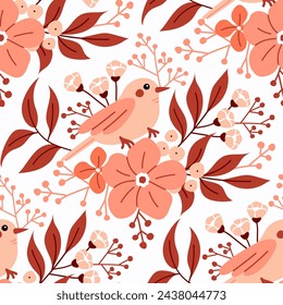 Seamless vector pattern with cute bird and flowers. Hand drawn illustration. Floral background in peach fuzz palette. Design for wallpaper, fabric, interior decor, apparel