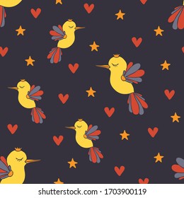 Seamless vector pattern with cute birds on blue background. Lovely wallpaper design with dreaming birds and stars.