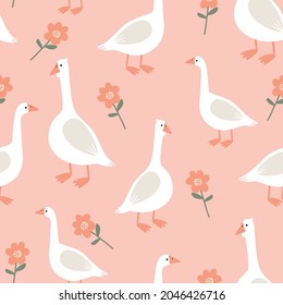 Seamless vector pattern of cute birds white geese on a pink background. Creative animalistic texture. Great for baby fabrics, textiles and designs	
