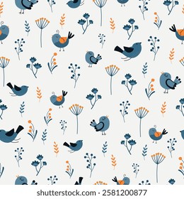 Seamless vector pattern with cute birds, flowers, leaves and twigs. Spring backdrop in hygge style. Blue wallpaper in doodle style