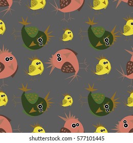 Seamless vector pattern with cute birds on the grey background
