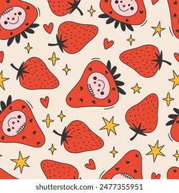 Seamless vector pattern with cute bizarre strawberry and character wearing hat. Abstract doodle berry on background. Fun childish texture for wallpaper, wrapping paper, textile