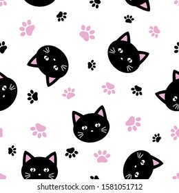 seamless vector pattern cute black cat faces and footprints