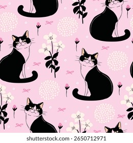 Seamless vector pattern with cute black cats, flowers, and bows on a pastel pink background. Playful and charming design.