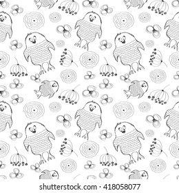 Seamless vector pattern. Cute black and white background with hand drawn chickens and flowers. Series of Cartoon, Doodle, Sketch and Scribble Seamless Vector Patterns.