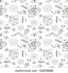 Seamless vector pattern. Cute black and white background with hand drawn ladybugs, butterfly, caterpillars and flowers. Series of Cartoon, Doodle, Sketch and Scribble Seamless Vector Patterns.