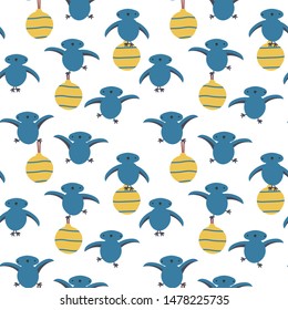 A seamless vector pattern with cute blue birds holding yellow christmas baubles. Surace print design.