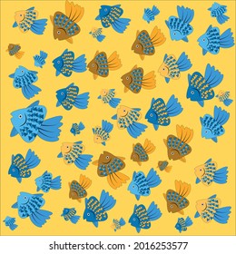 Seamless vector pattern with cute blue and yellow decorative fish. Funny multicolor background, sea texture
