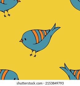 Seamless vector pattern with cute blue bird on yellow background. Simple baby chick wallpaper design. Decorative cartoon robin fashion textile.