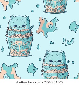 Seamless vector pattern with cute blue cats in bubble tea cups and abstract liquid shapes