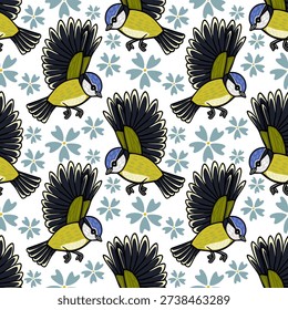 Seamless vector pattern of cute blue tit birds and light blue flowers, repeating illustration