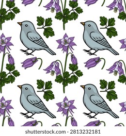 Seamless vector pattern with cute blue birds and purple columbine flowers on white background