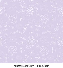 Seamless vector pattern. Cute blue background with hand drawn ladybugs, butterfly, caterpillars and flowers. Series of Cartoon, Doodle, Sketch and Scribble Seamless Vector Patterns.