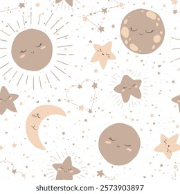 Seamless vector pattern with cute boho hand drawn cartoon moon, sun and stars isolated on white background. Template for print, fabric, wallpaper, card, baby room decoration, nursery design